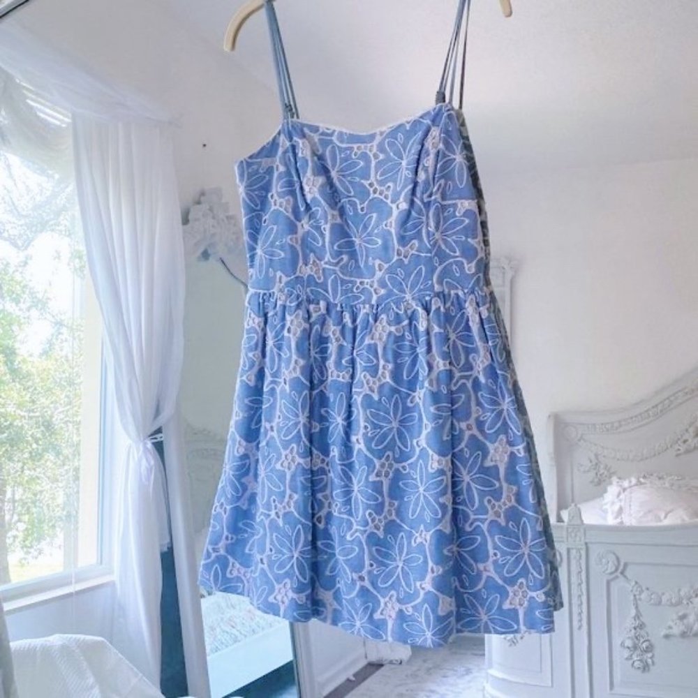 Vintage Lilly Pulitzer Blue Floral Linen Mini Sun Dress